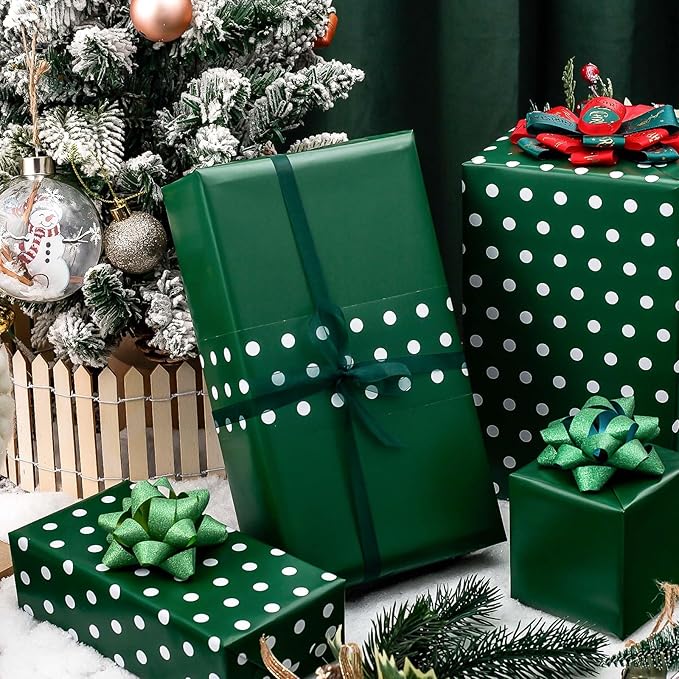 Flyhill Green Wrapping Paper Roll,Reversible Gift Wrap Paper with Polka Dot Design for Birthday,Christmas,Holiday,Party(17 Inch X 32.8 Feet)