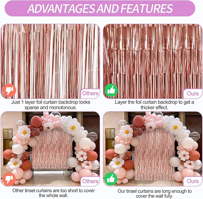 Crosize 2 Pack 3.3 x 9.9 ft Rose Gold Foil Fringe Backdrop Curtain, Streamer Backdrop Curtains, Streamers Birthday Party Decorations, Tinsel Curtain for Parties, Photo Booth Backdrops, Party Décor