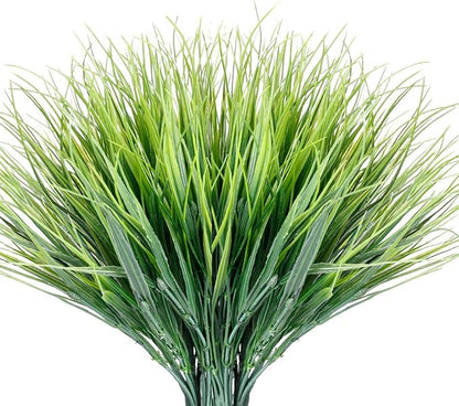 12 Bundles Artificial Grasses Outdoor UV Resistant Fake Grass No Fade Faux Plastic Plants Garden Window Box Decorating(Green Grass)