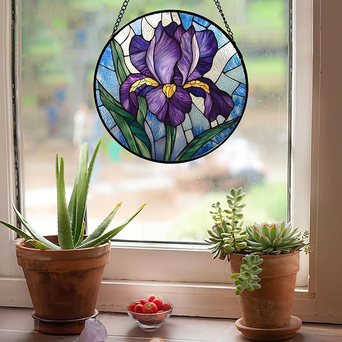 Stained Glass Window Hanging - Iris Birth Flower Suncatcher for Doors Garden Yard Purple Blue Sun Catchers Decor Christmas Mother's Day Birthday Gifts for Teacher Women Mom Nana 7.8 in