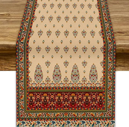 Boho Paisley Table Runner, Vintage Western Brown Dark Red Beige Flowers Leaves Print Table Runner for Kitchen Dining Table Wedding Holiday Party Decor, 13x90inch