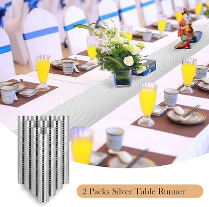 2 Packs 12x108 Inch Disco Table Runner Silver Glitter Foil for Bachelorette & Theme Party Disco Ball Decorations