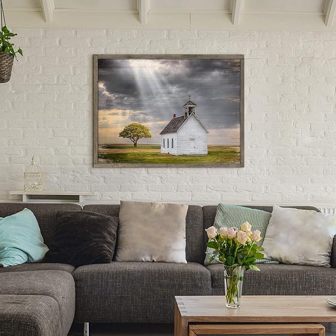 Wooden Barn Landscape Artwork Painting - Rustic Handcrafted Framed Countryside Picture Wall Art for Home Wall Decor