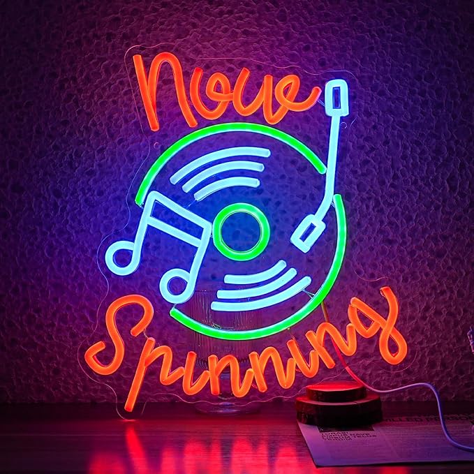 Record Neon Sign Led Music Sign Neon Light for Wall Decor Dimmable Now Spinning Sign Record Neon Signs for Record Store Live Music Bar Party (12.6”*13.7”)