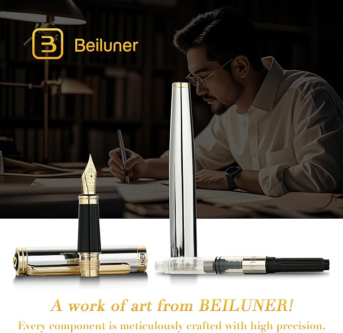 BEILUNER Silver Chrome Fountain Pen,Stunning Luxury with 24K Gold Accents, Gorgeous 24K Gilded Nib(Fine), Trustworthy Pen Gift for Men&Women -Ink Converter-Elegant, Graduation,Nice Pen for Writing