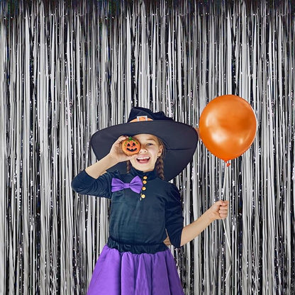 Foil Fringe Curtains Halloween Decor Party Decorations - Melsan 3 Pack 3.2 x 8.2 ft Tinsel Curtain Party Photo Backdrop for Birthday Party Baby Shower or Graduation Decorations (Pure Black)