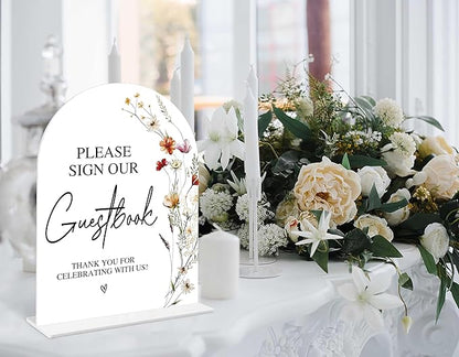 Boho Floral Please Sign Our Guestbook Sign, 6 x 8 Inch White Arch Acrylic Wedding Sign with Holder, Wedding Sign for Ceremony and Reception, Wedding Decoration, Wedding Supplies - BX02