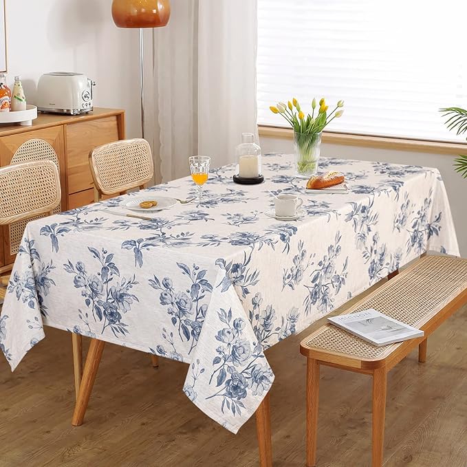 MYSKY HOME Rectangle 60x84 Inches, Tablecloth Linen Farmhouse Tablecloth Waterproof Decorative Grey Fabric Table Cloth for Kitchen Dining Floral Tablecloth for 8 Feet Table Blue Flower Tablecloth