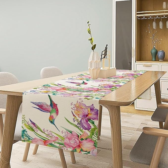 Hummingbird Table Runner,Pink Floral Country Style Table Runner for Kitchen Dining Table Home Party Decoration 13x72 Inch