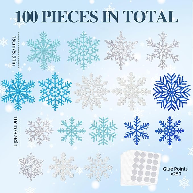 Winter Snowflake Cutouts - Glitter Paper Snowflake Decorations - 100Pcs Blue & Silver Double-Side Christmas Cutouts for Holiday Winter Wonderland Bulletin Board, Frozen Party Decor