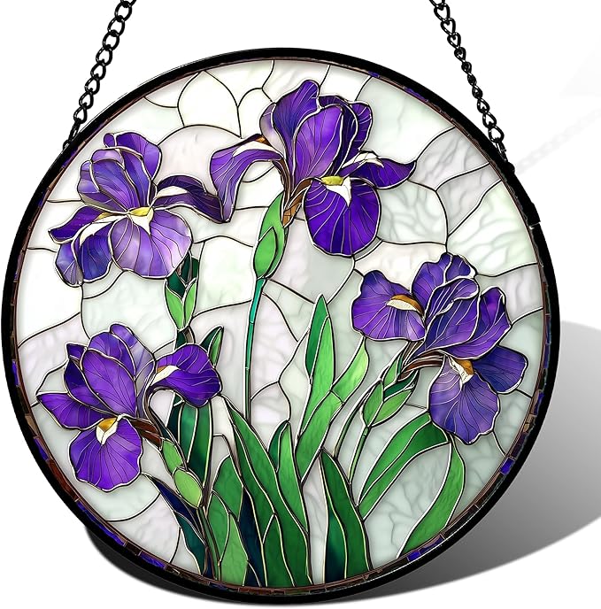 Stained Glass Window Hanging - Purple Iris Flower Sun Catcher for Door Terrace Garden Home Decor, Green Plants Suncatcher Birthday Gifts for Lovers Women Men Dad Mom Nana 15 in
