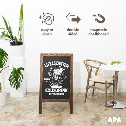 Ilyapa Wooden Sandwich Board Signs Outdoor A Frame Chalkboard Sign with Eraser & Chalk - Magnetic Sidewalk Sign 20x40 - Chalkboard Easel for Restaurant, Business or Wedding