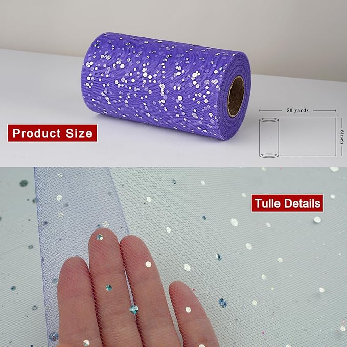Glitter Tulle Rolls, 6' by 50 Yards (150FT) Sequin Tulle Netting Fabric for Tutu Skirts Sewing Birthday Wedding Party Decoration (Purple)