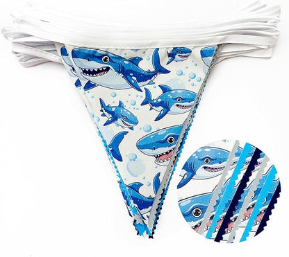 32Ft Shark Party Decorations Blue Cute Shark Triangle Flag Pennant Banner Fabric Garland Streamer for Kids Boys Ocean Birthday Sea Animal Nautical Baby Shower Under The Sea Party Decor Supplies