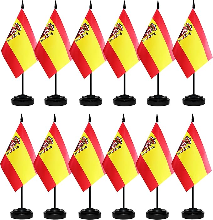 12 Pack Spain Desk Flags Set, Spanish Small Mini Table Office Flags With 12" Solid Black Pole, Black Base and Spear Top, Miniature Desktop Flag, Home Decoration, Office Decoration, Festival