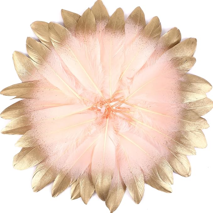 Larryhot Dipped Gold & Pink Goose Feathers for Crafts - 6-8 inch 60 pcs Natural Feathers for Wedding Party Decorations,DIY Crafts and Clothing Accessories (Gold & Pink)