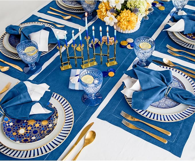 Solino Home Linen Indigo Blue Table Runner 156 Inches Long - 100% Pure Linen Extra Long Table Runner 14 x 156 Inch for Fall, Autumn - Classic Hemstitch