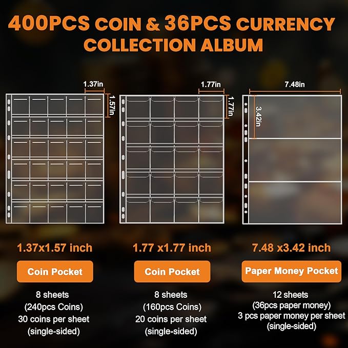 Coin Binder for Collectors with Handle, Fireproof 400 Pockets Coin Collection Album & 36 Paper Currency Book Sleeves, Coin and Bill Organizer Holder Supplies for Quarters, Pennies, 12.8x10.2x1.8inch