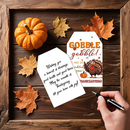 50Pcs Happy Thanksgiving Gift Tags With String, 3.3x2.1 Inch So Very Thankful For You Tags, Gobble Thanksgiving Name Tags With Turkey Pumpkin Leaf for Autumn Holiday Party Favors DIY Craft