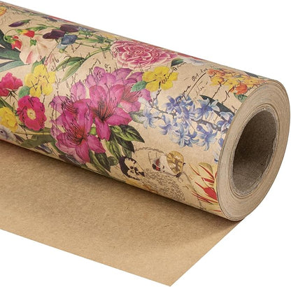 WRAPAHOLIC Kraft Floral Wrapping Paper Roll - Mini Roll - 17 Inch x 9.8 Feet - All Occasion Vintage Flower Wrapping Paper for Wedding Bridal Shower Birthday