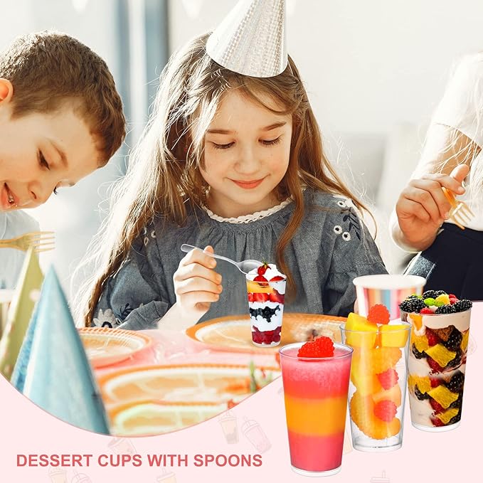 CHENGU 3 oz Clear Plastic Mini Dessert Cups with Spoons - Round Parfait Appetizer Cups, Shot Glasses, Disposable Tall Tumbler for Dessert Tasting Party supplies (200 Pieces)