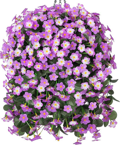 Artificial Fake Hanging Flowers with Basket for Outdoor Decoration,UV Resistant Faux Silk Light Fuchsia and Fuchsia Orchid Flowers Vines in Planter Realistic Hanging Baskets for Home Porch Garden