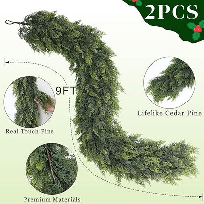 Christmas Cedar Garland - 9ft Artificial Cedar Garland Faux Lush Green Fake Pine Needles for Fireplace,Table,Window,Stairs,Mante,Holiday Indoor Outdoor Xmas Decor(2PCS)