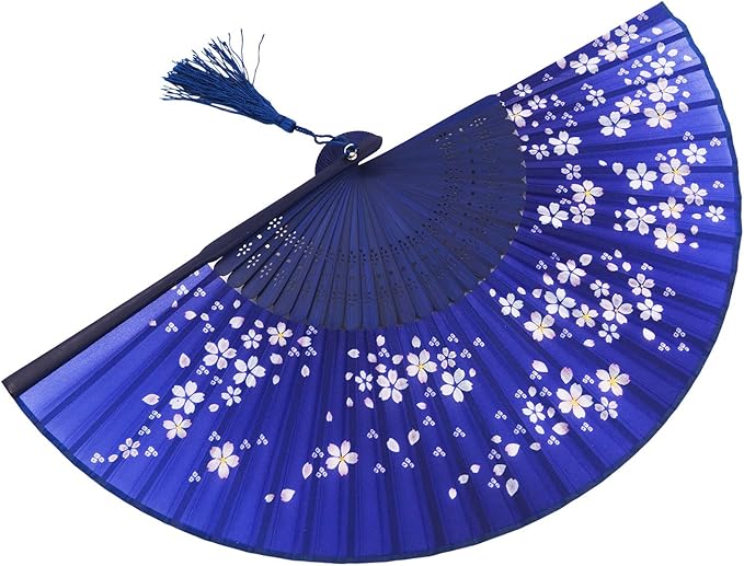 Amajiji 8.27"(21cm) Hand Held Bamboo Silk Folding Fan Hand Fan,Chinese/Japanese Charming Elegant Vintage Retro Style,Women Ladys Girls Best Gifts (Blue)