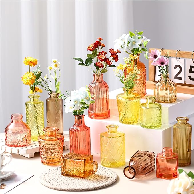 Yaomiao 30 Pcs Vases Bulk Colored Flower Glass Vases Bud Vintage Colored Glass Bottles Colorful Rustic Embossed for Home Wedding Table Decorations Gifts(Orange Yellow Series)