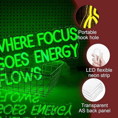 Where Focus Goes Energy Flows Neon Sign 16.5 * 9.1In Dimmale Green Light Up Sign for Wall Decor Led Words Neon Light for Bedroom Party Bar Personzalized Gift (USB Powered)