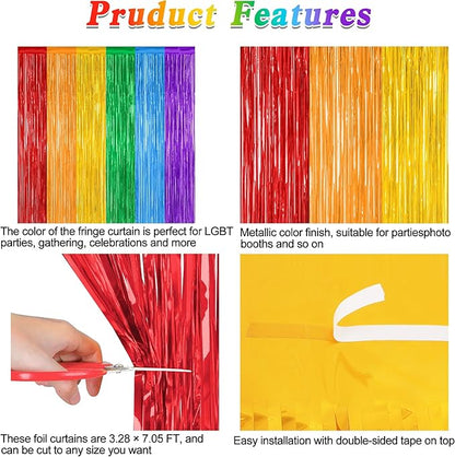 4 Pack Pride Decorations, 3.28 FT x 7.05 FT Rainbow Backdrop, Metallic LGBT Party Decor Foil Tinsel Party Streamer Backdrop Curtains, Rainbow Curtains Birthday Photo Booth Props