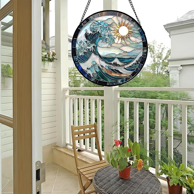 Stained Glass Window Hanging - White Sun Big Wave Suncatcher for Door Terrace Garden Home Decor Blue Ocean Landscape Sun Catcher Birthday Gifts for Lovers Women Men Dad Mom Nana 6.3 in