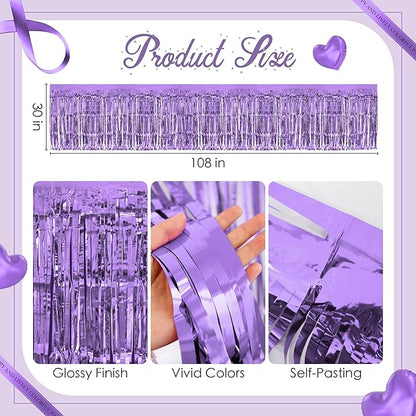 4 Pack Light Purple Table Skirts, 29x108" Metallic Foil Tinsel Fringe Table Skirts for Rectangle Tables Streamer Curtains Backdrop, Party Decorations for Birthdays Weddings Holidays