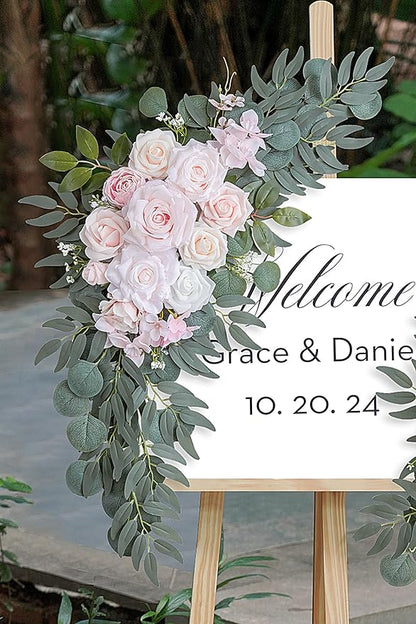Pink Wedding Arch Flowers Set of 2 for Wedding Welcome Signs, Artificial Wedding Flowers for Wedding Ceremony Outside(Pink & Ivory)