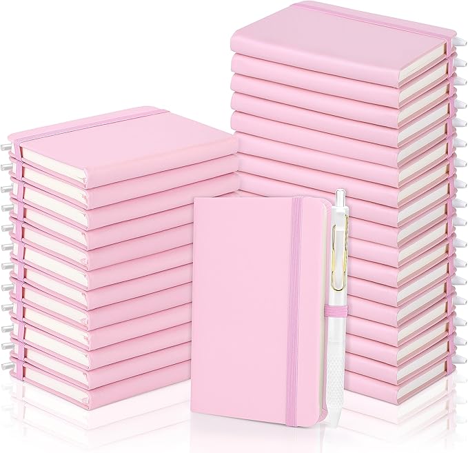Aodaer 50 Sets Pocket Notebook Journal with Pens, 160 Pages, 3.5 x 5.5 Inch Mini Lined Journal Notebook A6 Leather Hardcover College Ruled Notepad with Pen Holder for School Office Gifts, Pink