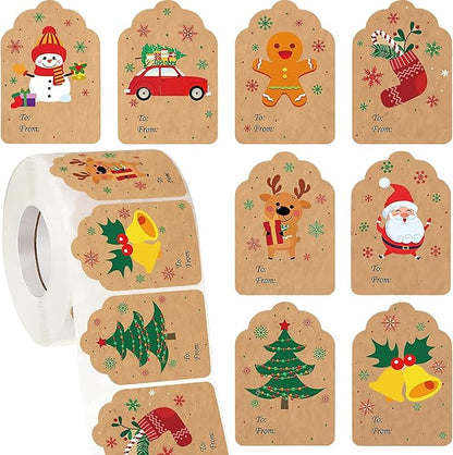 Zonon 720 Pieces Self Adhesive Christmas Gift Tag Xmas Kraft Name Tags Natural Kraft Xmas Stickers Paper Tags Labels for Christmas Decoration(Stylish Style)