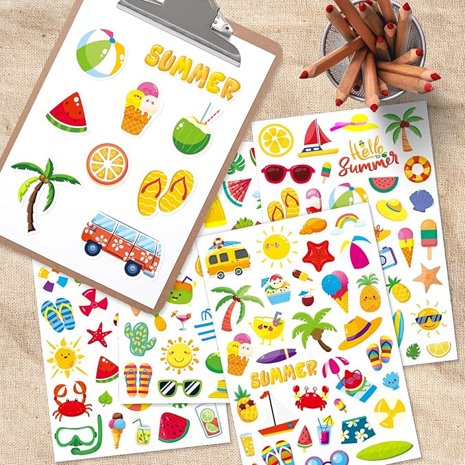 Summer Pool Beach Adhesive Stickers Luau Hawaii Sun Stickers 700 Count forBirthday Invitations Envelopes Decorations Party Goodie Gifts Bags Decor School Game Class Rewards