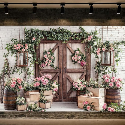 10x10ft Country Wedding Photography Backdrop Floral Rustic Roses Farmhouse Wooden Door Backdrop Pink Flower Birthday Baby Shower Wedding Bridal Party Banner Photo Booth Props Anniversary Background