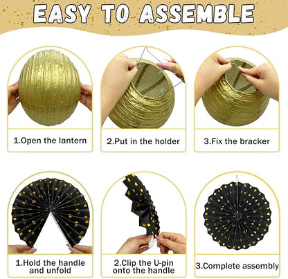 14Pcs Black and Gold Party Decorations, Hanging Paper Lanterns Fans Tissue Flower Pom Poms for Men Birthday Graduation Retirement New Years Decorations New Years Eve Party Supplies 2026