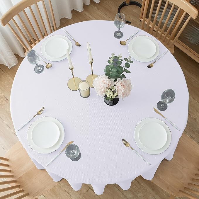 Biscaynebay Textured Fabric Round Tablecloths 108", White Water Resistant Table Cloth Circle Folding Table Covers Linen for Dining, Kitchen, Wedding and Parties etc. Machine Washable
