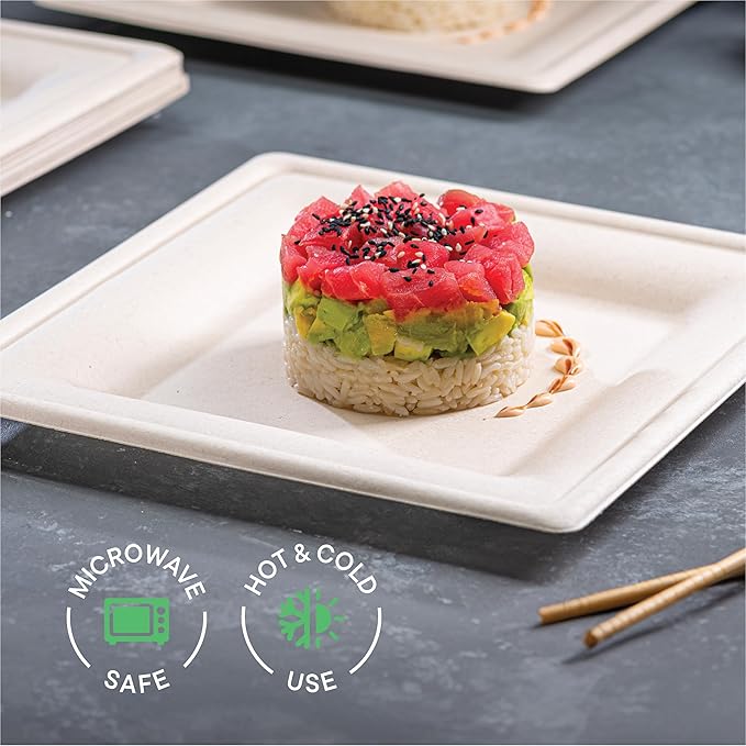 100% Compostable Square Paper Plates [50-Pack] - {PFAS-Free} - {BPI Certified} - [10 Inch] Heavy Duty, Eco-Friendly, Biodegradable Bagasse Dinner Plates - Natural Brown 10" Plate by Stack Man