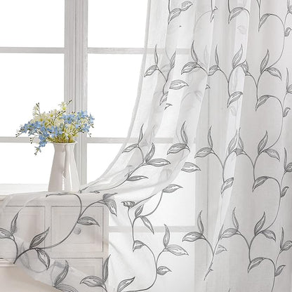 VISIONTEX Sheer Curtains 63 Inch Length 2 Panels, Decor Iron Grey Vine Leaves Embroidery on White Voile Pair, Accent Semi Window Drapes for Kitchen, Living Room and Bedroom, 54" W x 63" L