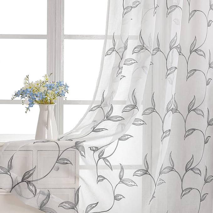 VISIONTEX Sheer Curtains 72 Inch Length 2 Panels, Decor Iron Grey Vine Leaves Embroidery on White Voile Pair, Accent Semi Window Drapes for Kitchen, Living Room and Bedroom, 54" W x 72" L