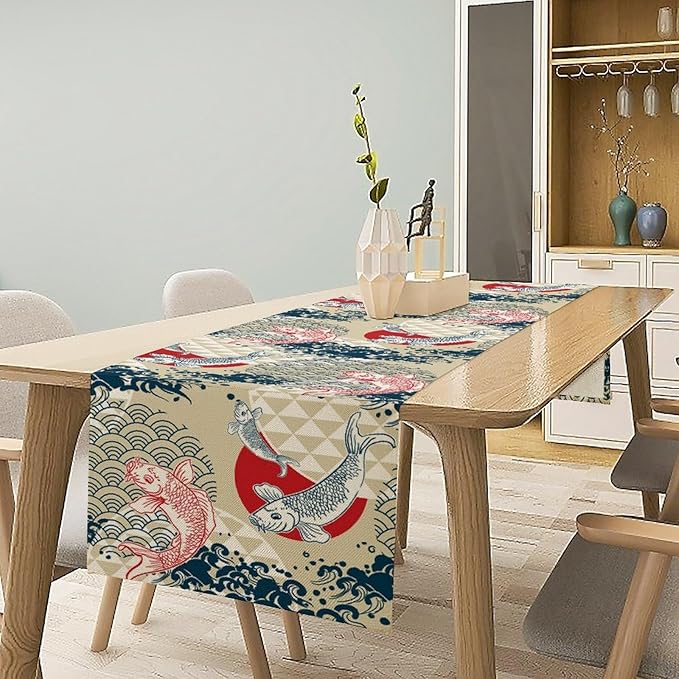 Japanese Table Runner Oriental Tradition Kio Fish Art Printed Burlap Runner Home Kitchen Dining Table Living Room Decor Fabric 1 Panel W13xL60in