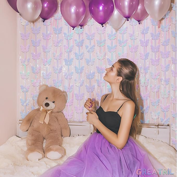 Iridescent Butterfly Fringe Party Backdrop - GREATRIL Fairy Streamers for Butterfly Princess Themed Birthdays Party Decoration - 3.2ft x 6.5ft - 2 Packs