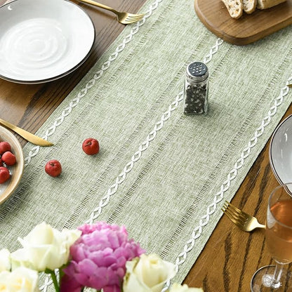 Artoid Mode Sage Green Rustic Cotton Linen Table Runner, Seasonal Embroidered Hollow Kitchen Dining Table Decoration for Home Party Decor 13x72 Inch