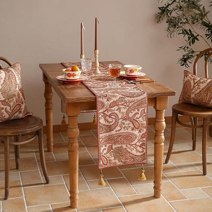 ISAENNE Designer Elegant Red Linen Table Runner 87 Inches Long,Vintage Paisley Pattern Durable Table Runners for Dining Tables,Thanksgiving,Kitchen Tables,Christmas,12"*87"-Chauffrey A