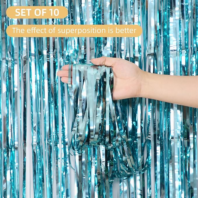 10 Pack Blue Backdrop Curtain 3.2ft x 8.2ft Metallic Tinsel Foil Fringe Curtains Photo Booth Background for Birthday Party Decoration Baby Shower Engagement Wedding Christmas Decoration (Blue)