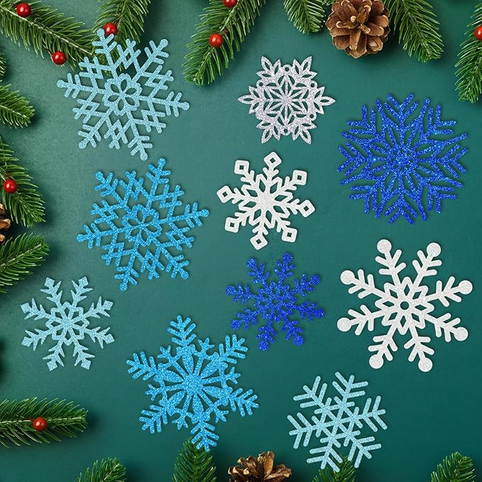 Winter Snowflake Cutouts - Glitter Paper Snowflake Decorations - 100Pcs Blue & Silver Double-Side Christmas Cutouts for Holiday Winter Wonderland Bulletin Board, Frozen Party Decor