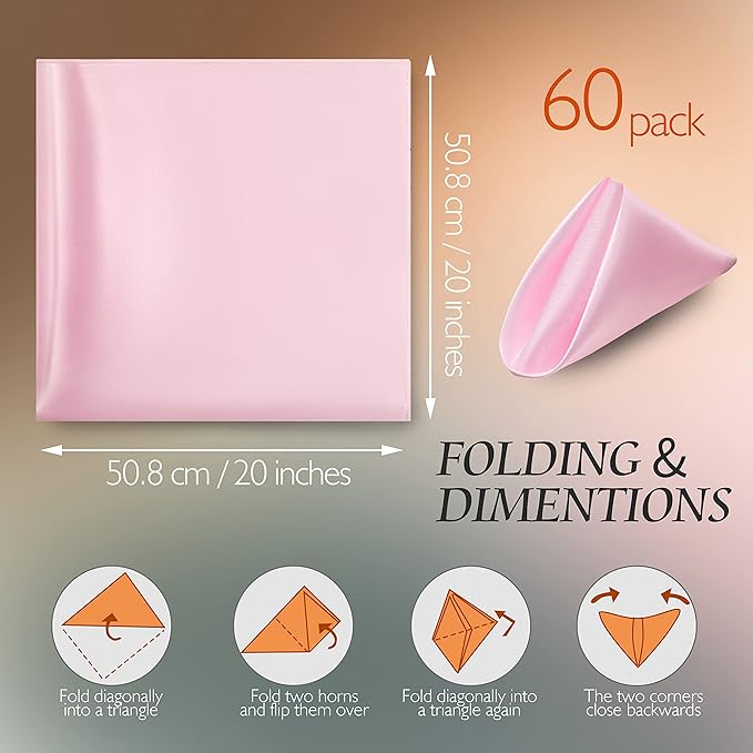 Manyshofu 60 Pieces Light Pink Satin Napkins - 20x20 Inches Cloth Napkins, Square Satin Fabric Napkin Set - Soft & Reusable Table Napkin for Wedding Dinner Party Lunch Banquet Restaurant Decoration